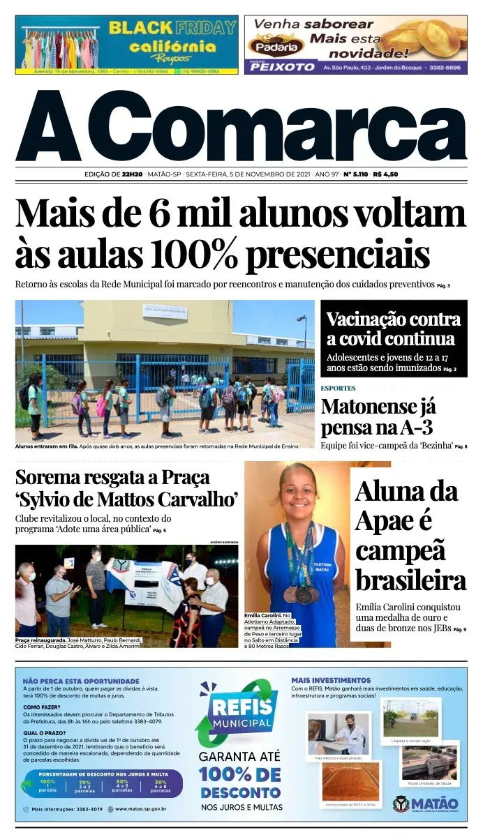 Primeira página da edição 5110 de A Comarca, 5 de novembro de 2021