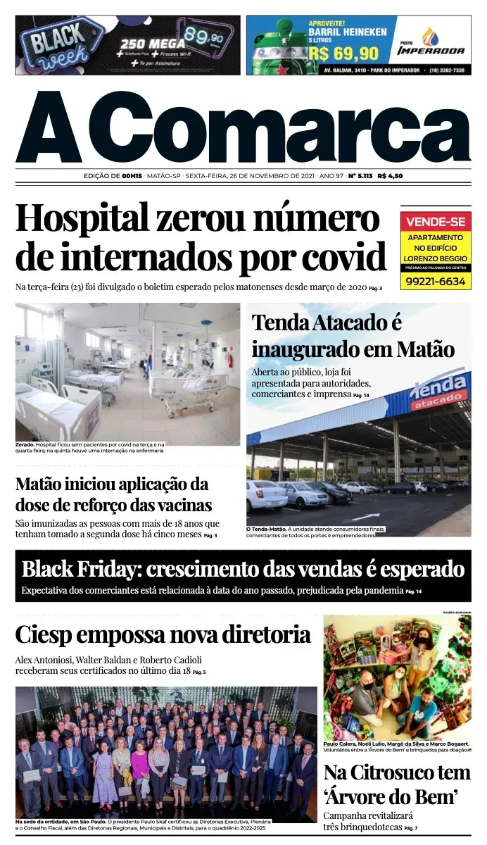 Primeira página da edição 5113 de A Comarca, 26 de novembro de 2021