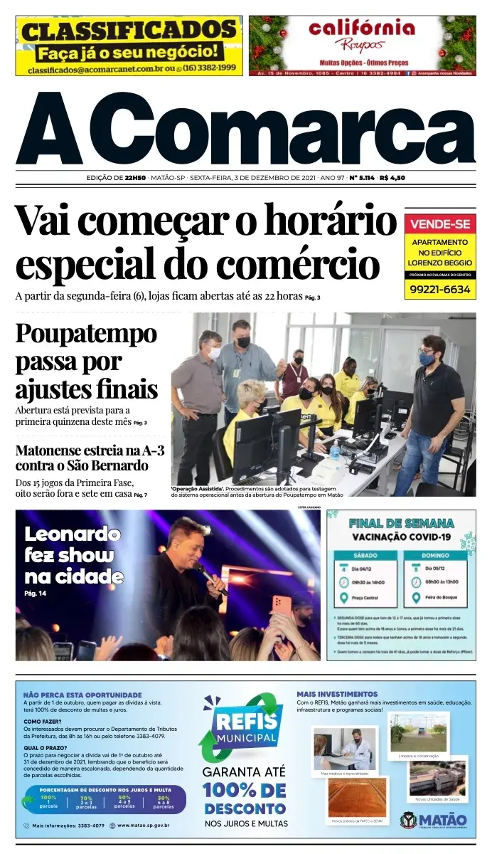 Primeira página da edição 5114 de A Comarca, 3 de dezembro de 2021