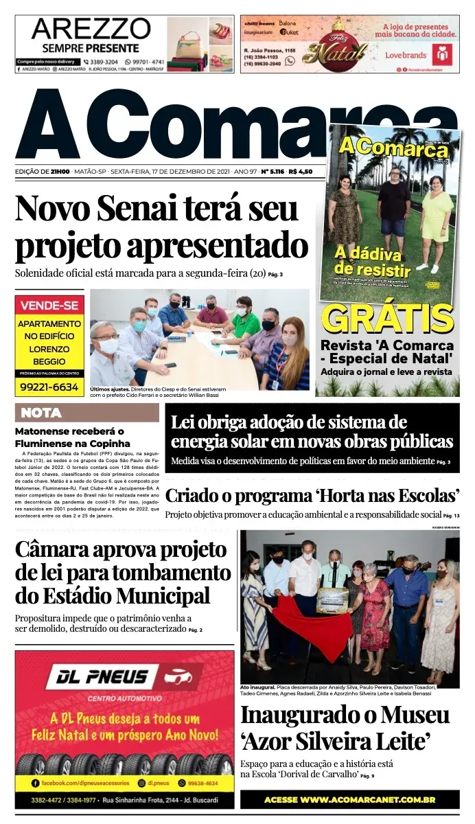 Primeira página da edição 5116 de A Comarca, 17 de dezembro de 2021