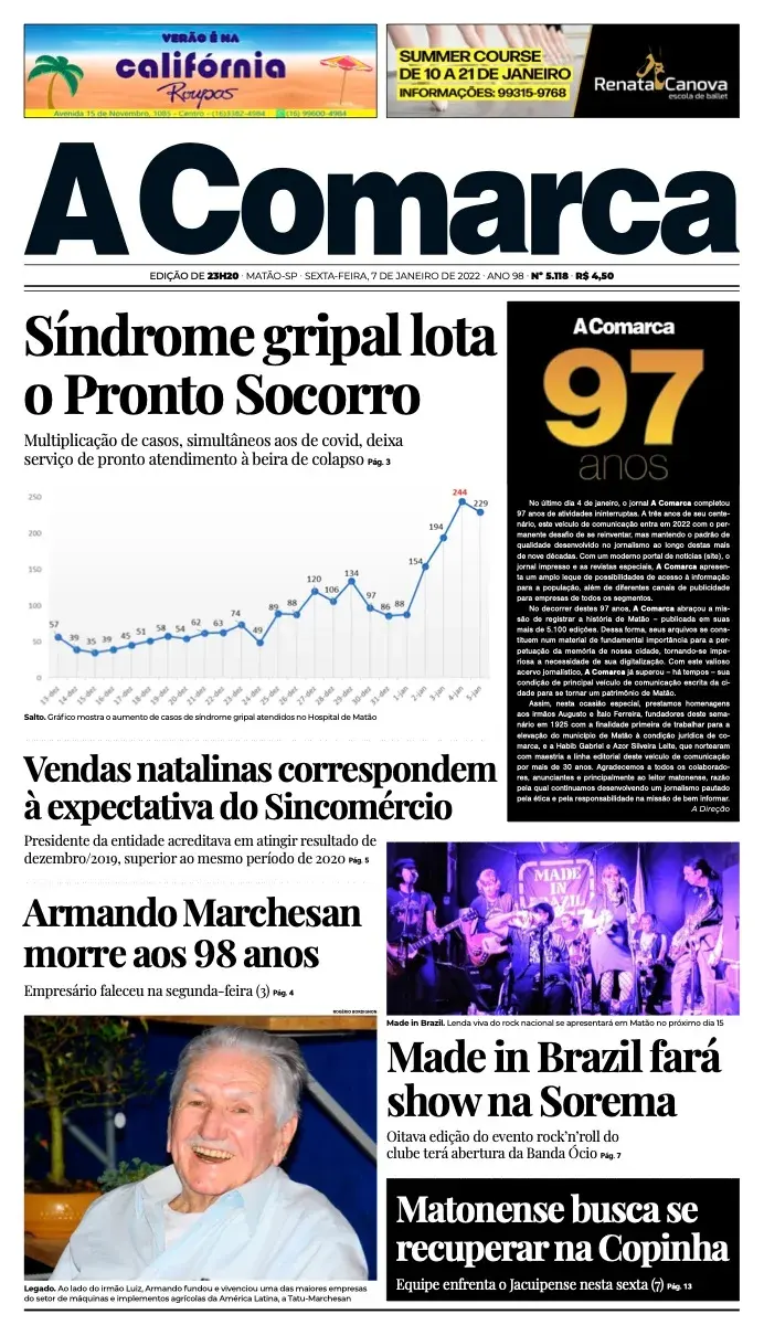 Primeira página da edição 5118 de A Comarca, 7 de janeiro de 2022