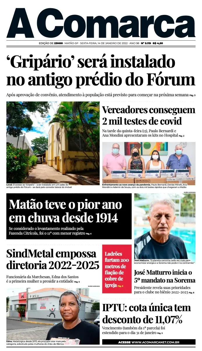 Primeira página da edição 5119 de A Comarca, 14 de janeiro de 2022
