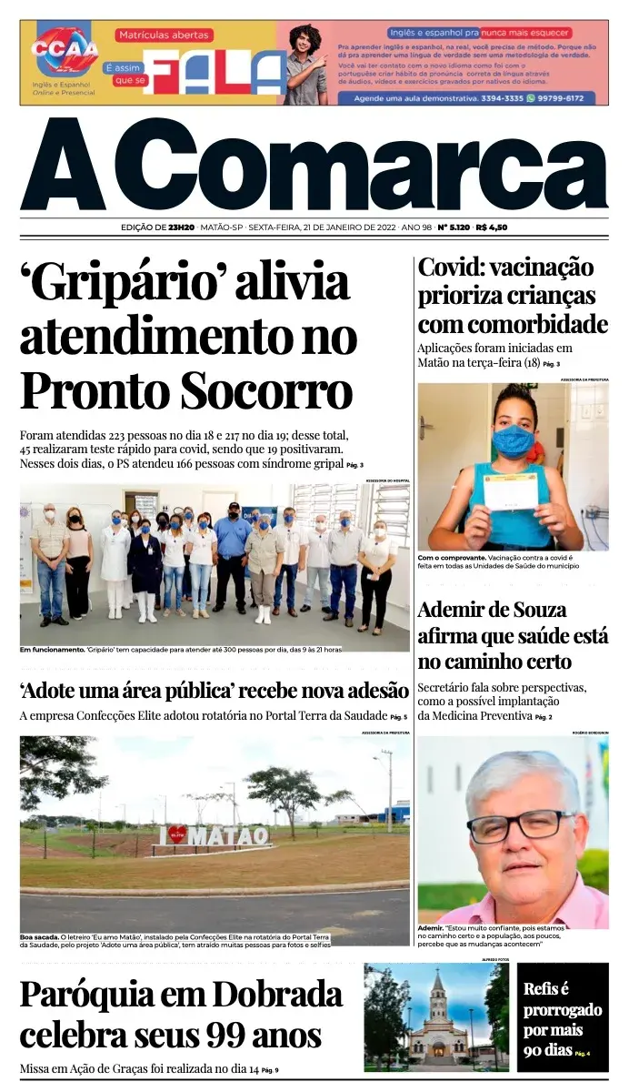 Primeira página da edição 5120 de A Comarca, 21 de janeiro de 2022