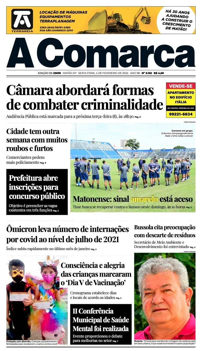 Primeira página da edição 5122 de A Comarca, 4 de fevereiro de 2022
