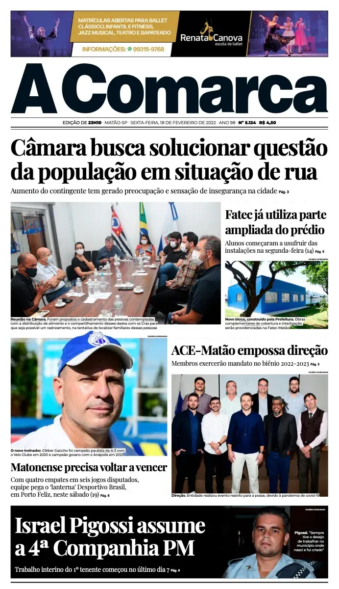 Primeira página da edição 5124 de A Comarca, 18 de fevereiro de 2022