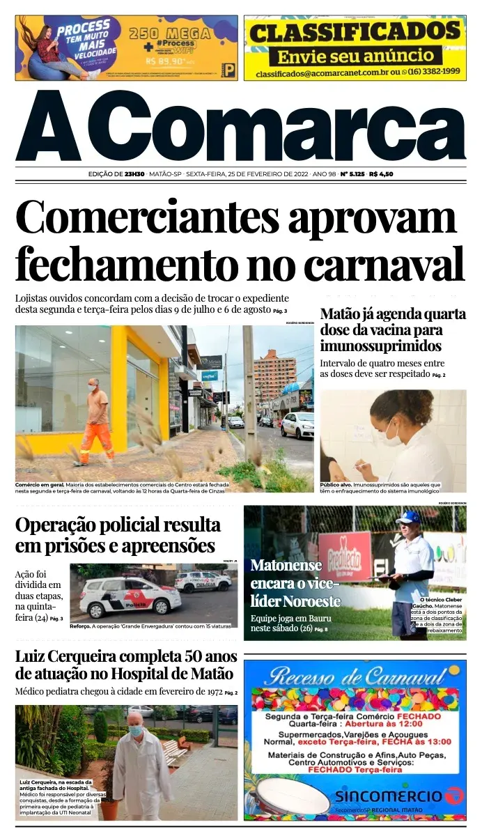 Primeira página da edição 5125 de A Comarca, 25 de fevereiro de 2022