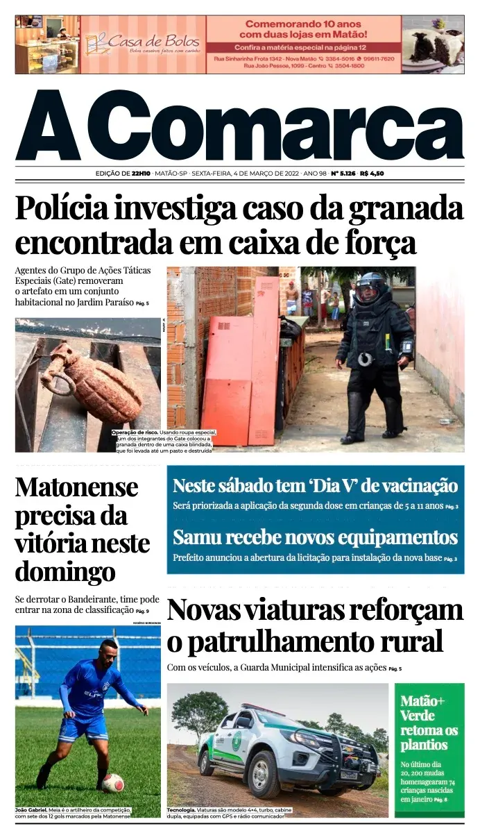 Primeira página da edição 5126 de A Comarca, 4 de março de 2022