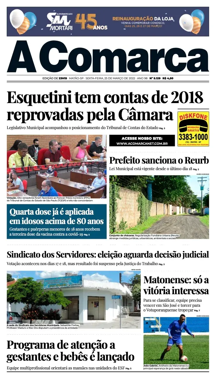 Primeira página da edição 5129 de A Comarca, 25 de março de 2022