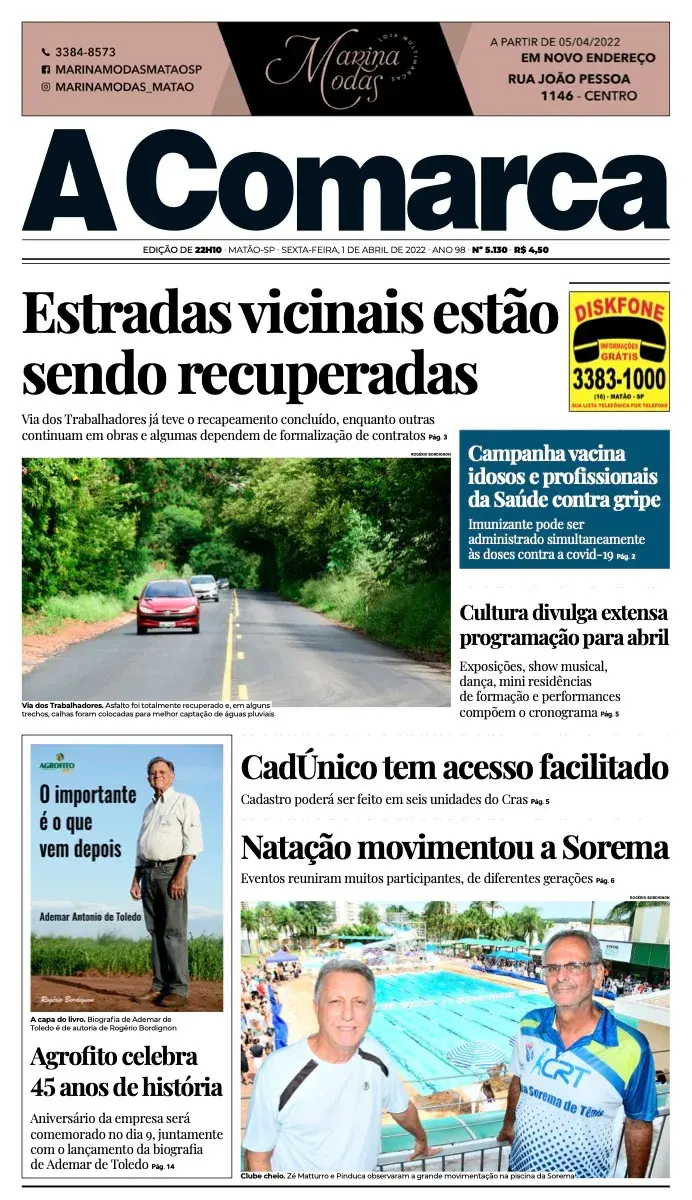 Primeira página da edição 5130 de A Comarca, 1 de abril de 2022
