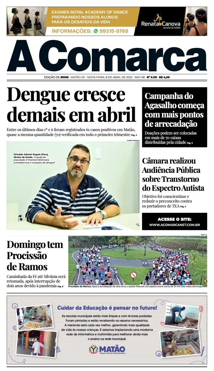 Primeira página da edição 5131 de A Comarca, 8 de abril de 2022