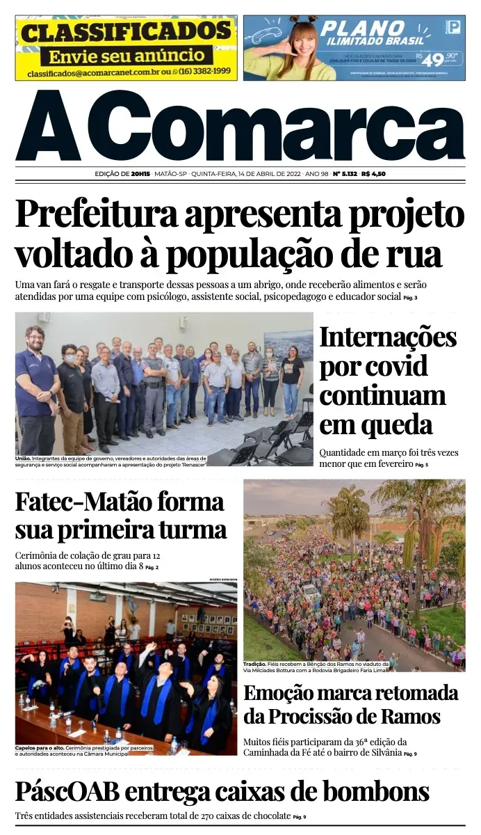 Primeira página da edição 5132 de A Comarca, 14 de abril de 2022