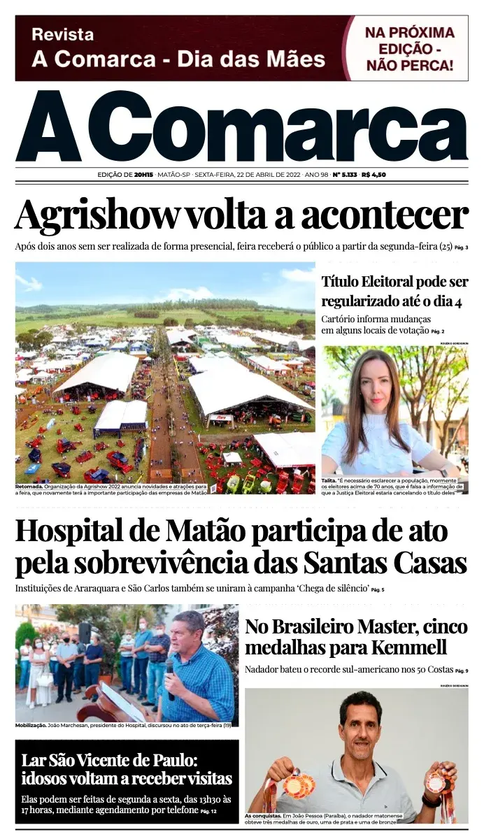 Primeira página da edição 5133 de A Comarca, 22 de abril de 2022