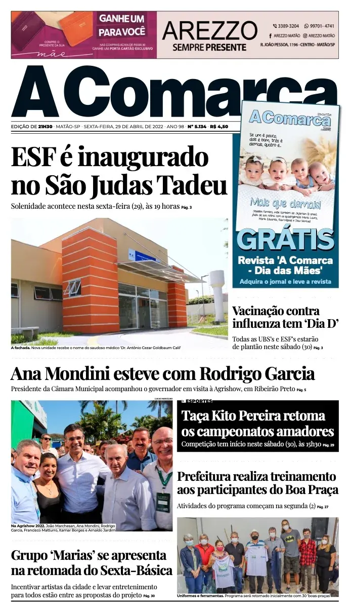 Primeira página da edição 5134 de A Comarca, 29 de abril de 2022