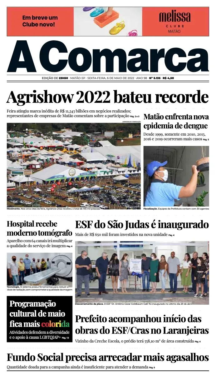 Primeira página da edição 5135 de A Comarca, 7 de maio de 2022