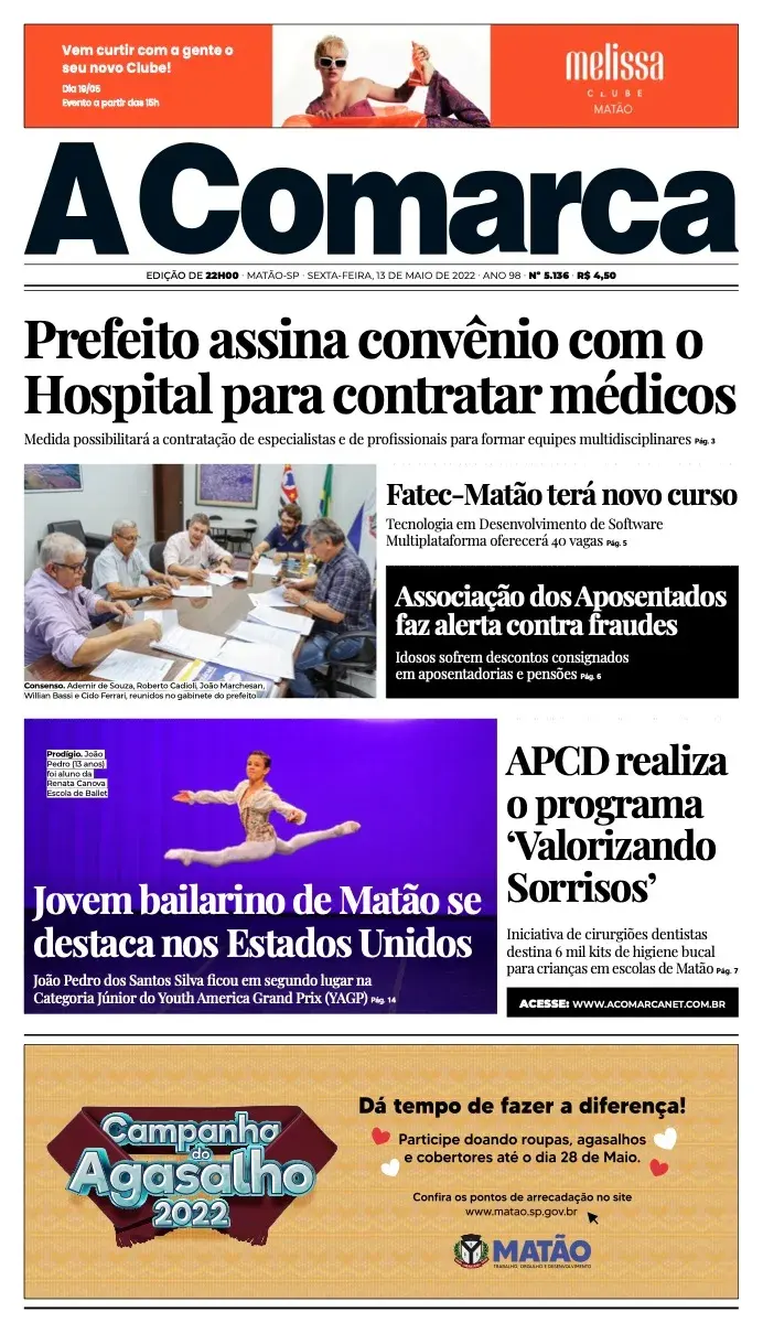 Primeira página da edição 5136 de A Comarca, 13 de maio de 2022