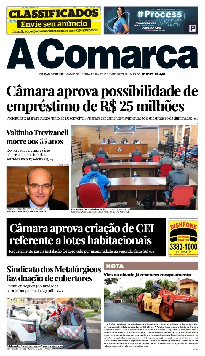 Primeira página da edição 5137 de A Comarca, 20 de maio de 2022