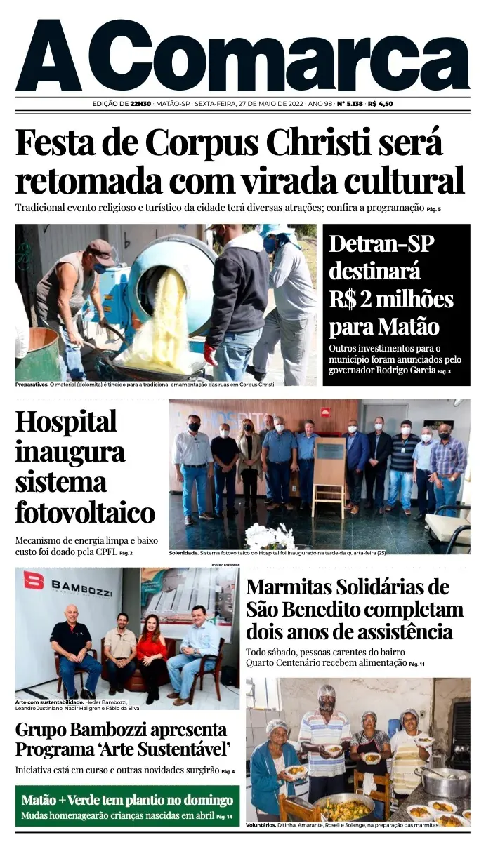 Primeira página da edição 5138 de A Comarca, 27 de maio de 2022