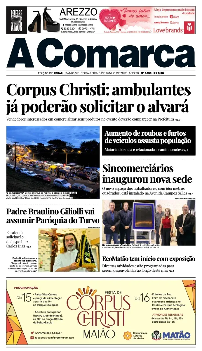 Primeira página da edição 5139 de A Comarca, 3 de junho de 2022