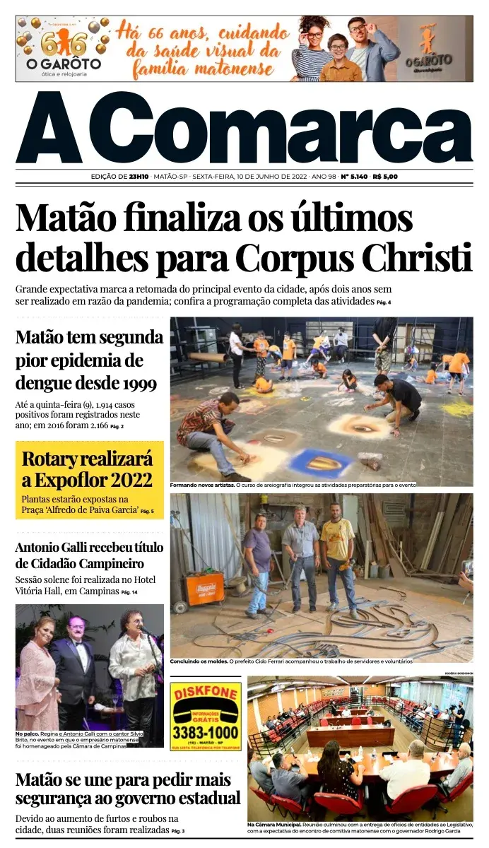 Primeira página da edição 5140 de A Comarca, 10 de junho de 2022