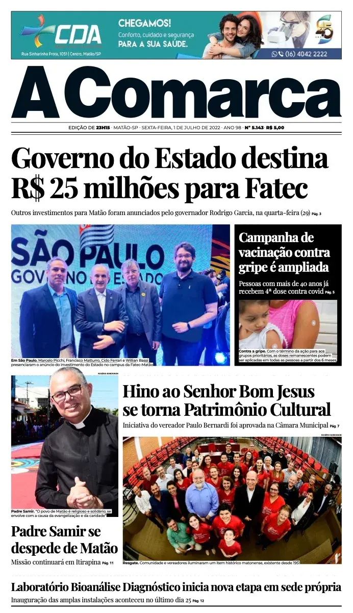 Primeira página da edição 5143 de A Comarca, 1 de julho de 2022