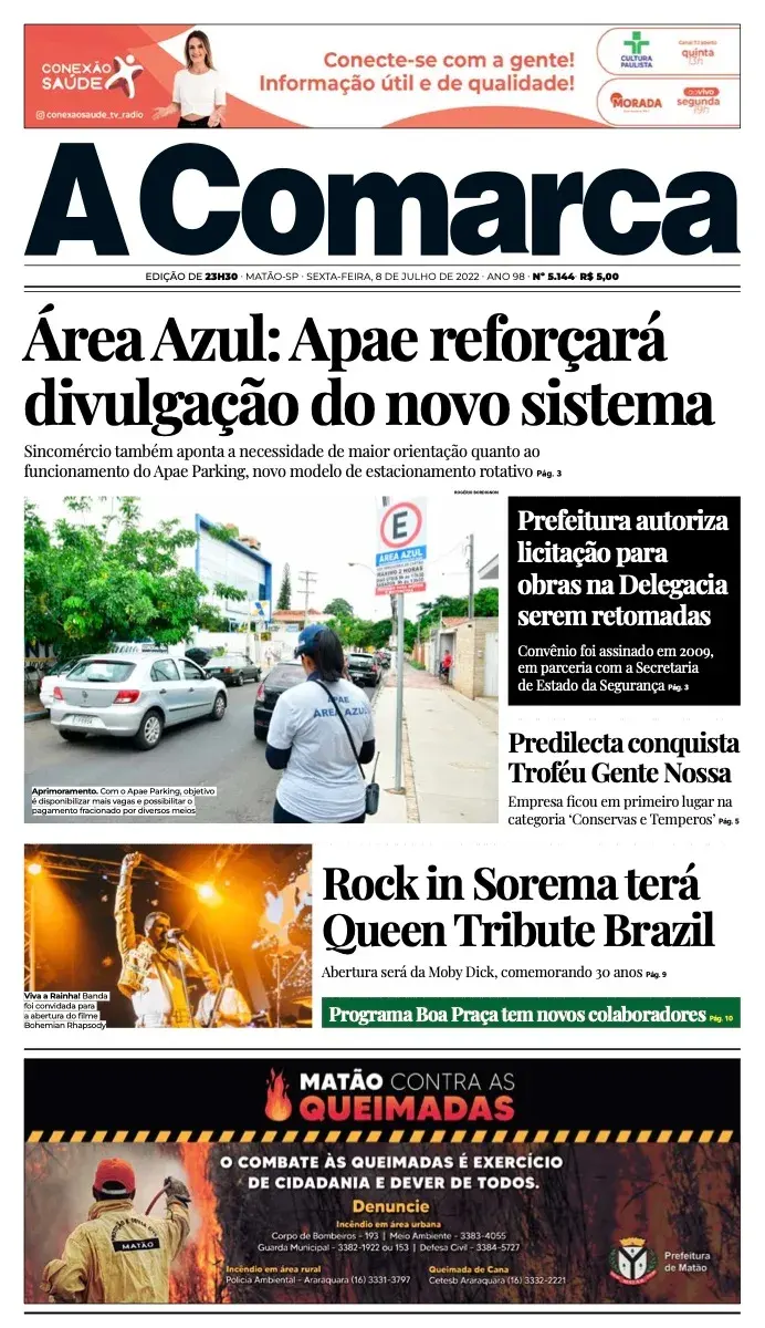 Primeira página da edição 5144 de A Comarca, 8 de julho de 2022