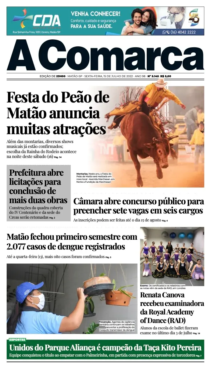 Primeira página da edição 5145 de A Comarca, 15 de julho de 2022