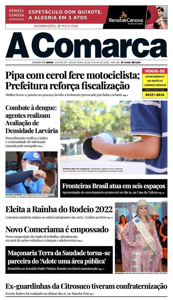 Primeira página da edição 5146 de A Comarca, 22 de julho de 2022