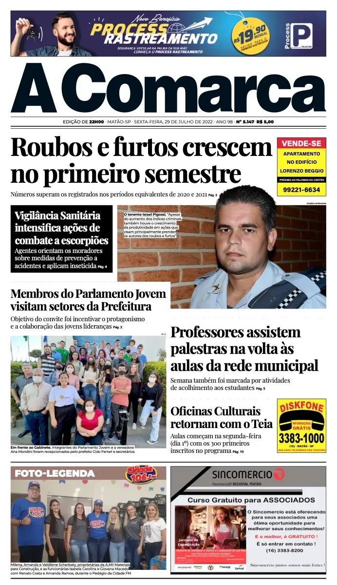 Primeira página da edição 5147 de A Comarca, 29 de julho de 2022