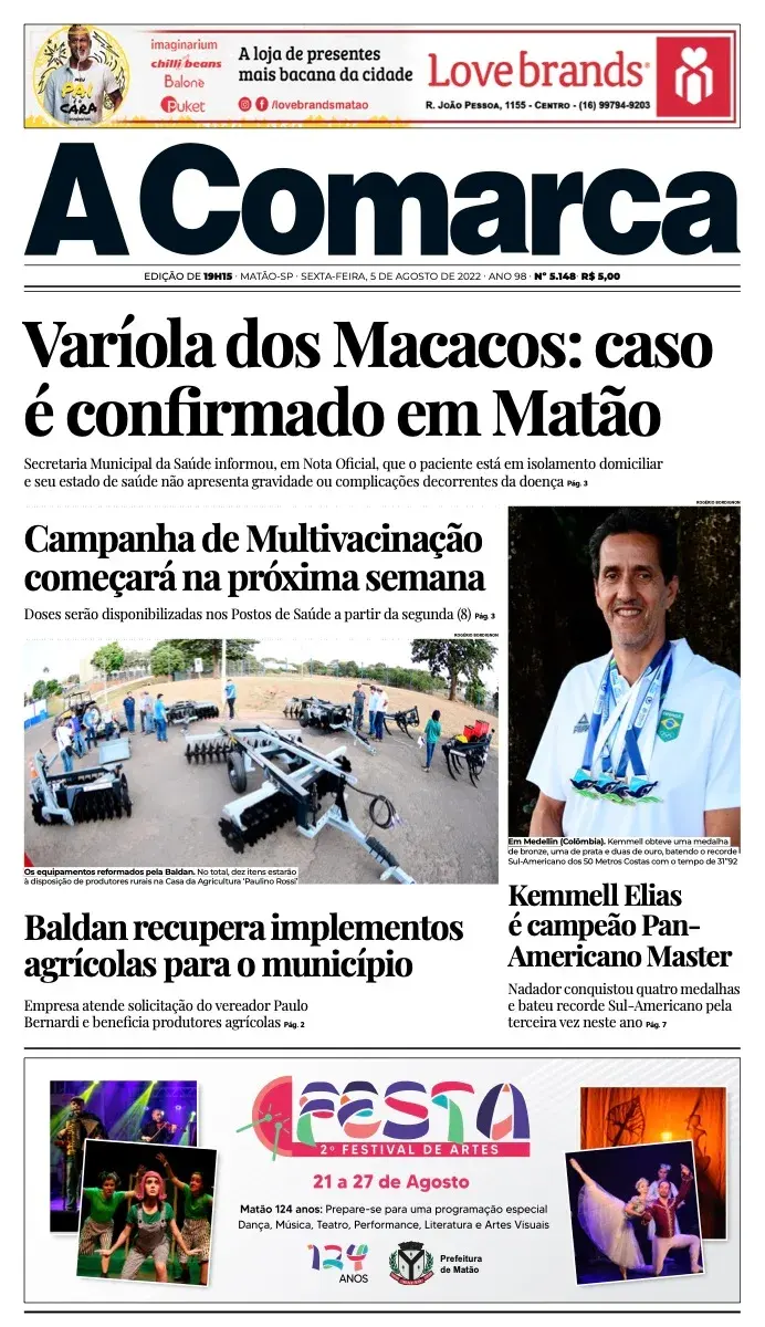 Primeira página da edição 5148 de A Comarca, 5 de agosto de 2022