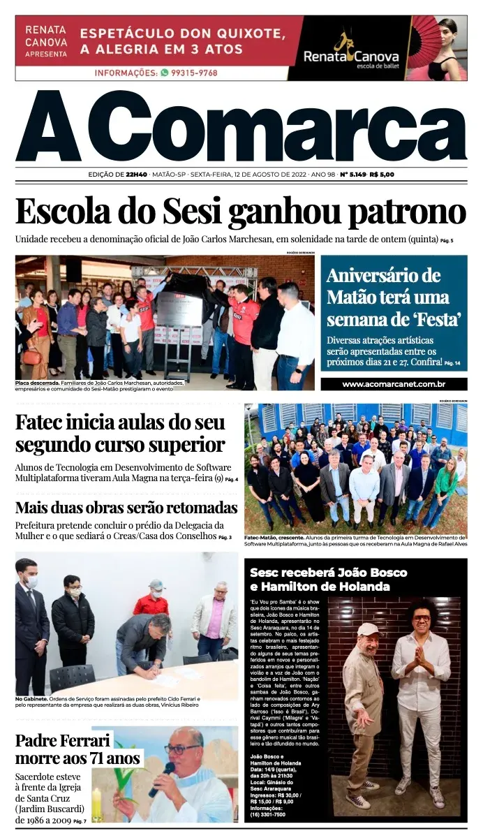 Primeira página da edição 5149 de A Comarca, 12 de agosto de 2022