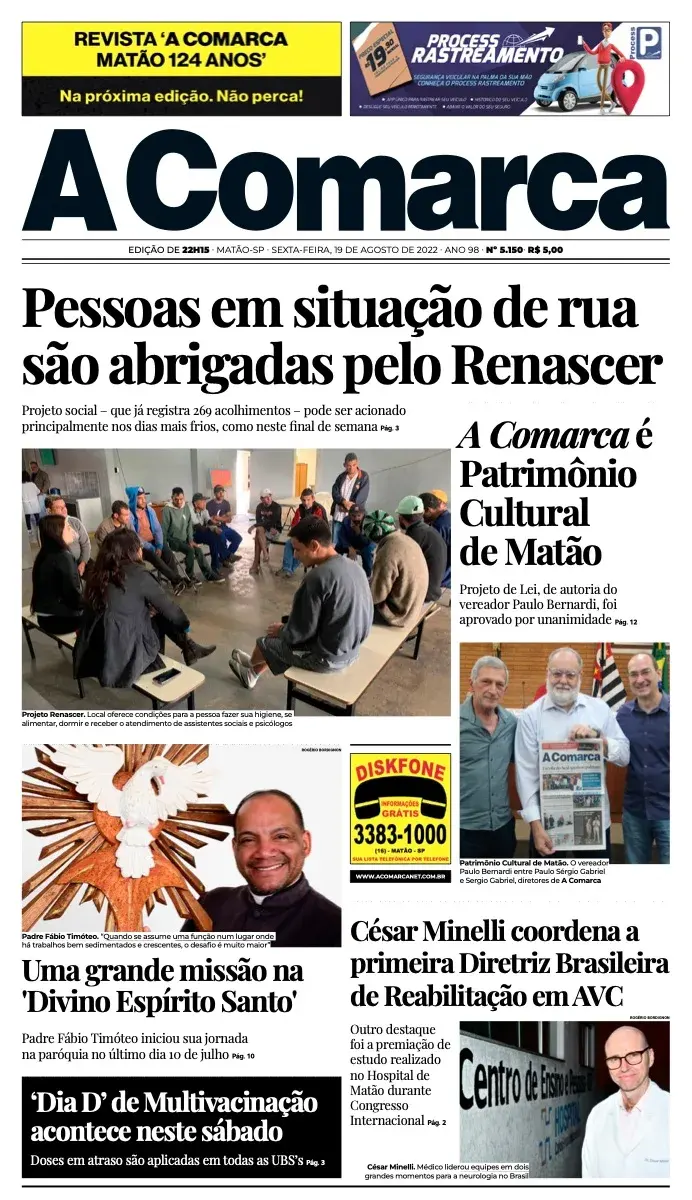 Primeira página da edição 5150 de A Comarca, 19 de agosto de 2022