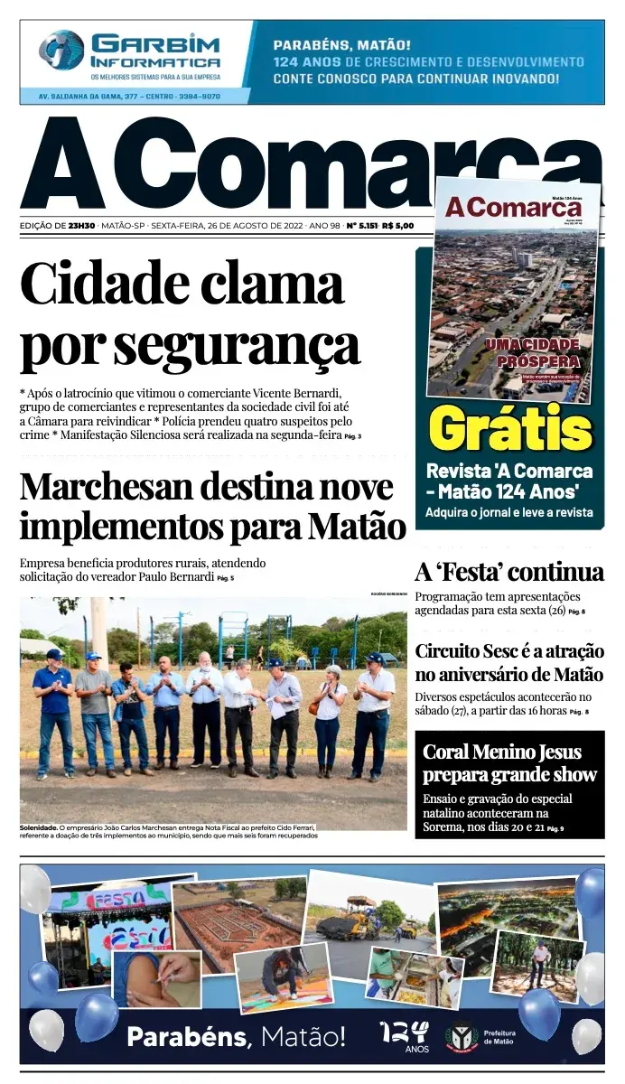 Primeira página da edição 5151 de A Comarca, 26 de agosto de 2022