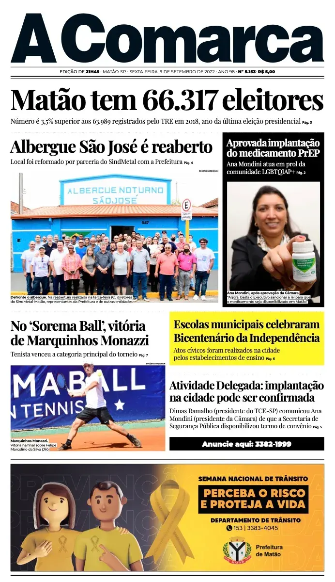 Primeira página da edição 5153 de A Comarca, 9 de setembro de 2022