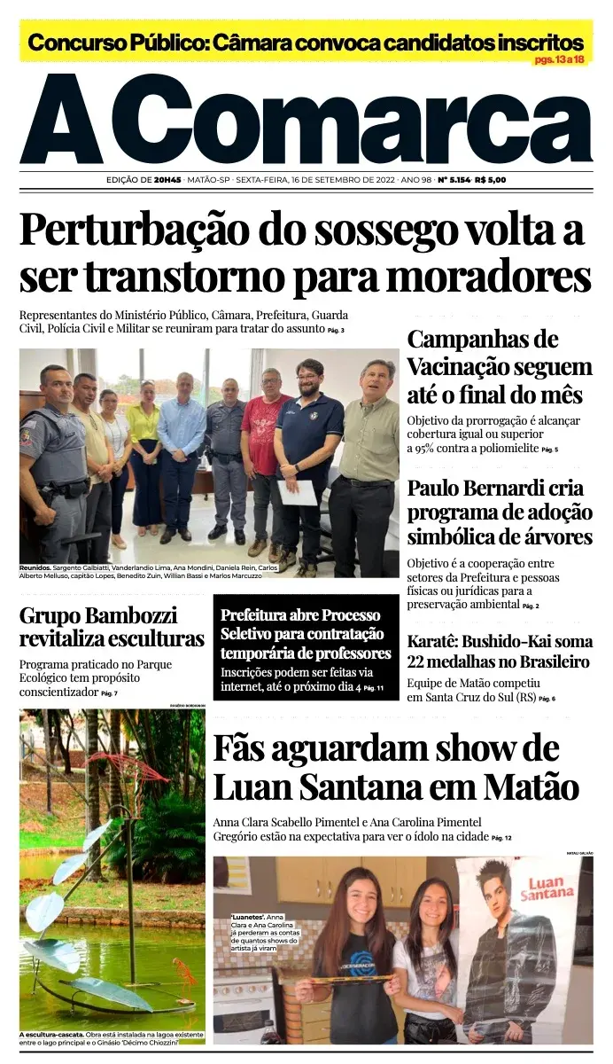 Primeira página da edição 5154 de A Comarca, 16 de setembro de 2022