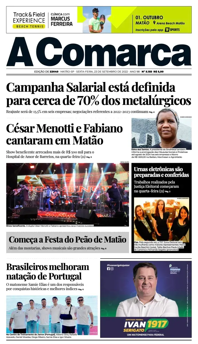 Primeira página da edição 5155 de A Comarca, 23 de setembro de 2022