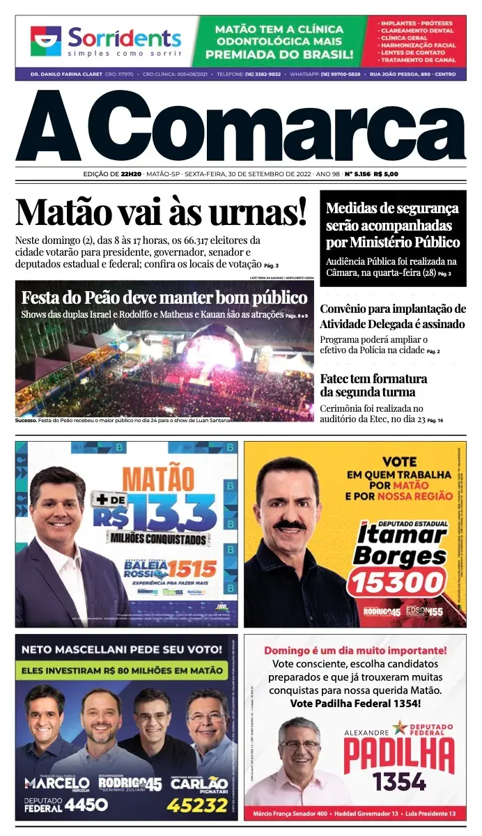 Primeira página da edição 5156 de A Comarca, 30 de setembro de 2022