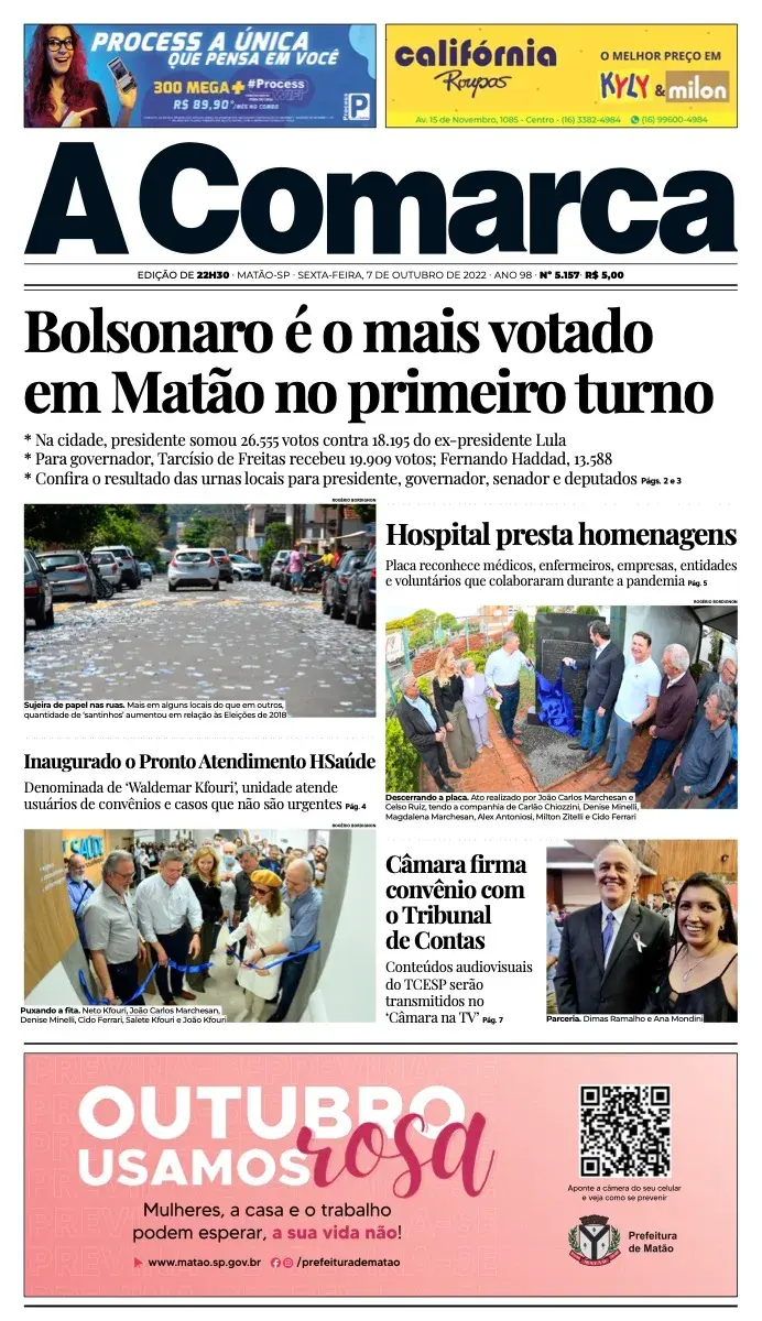 Primeira página da edição 5157 de A Comarca, 7 de outubro de 2022