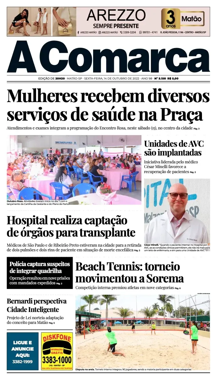 Primeira página da edição 5158 de A Comarca, 14 de outubro de 2022