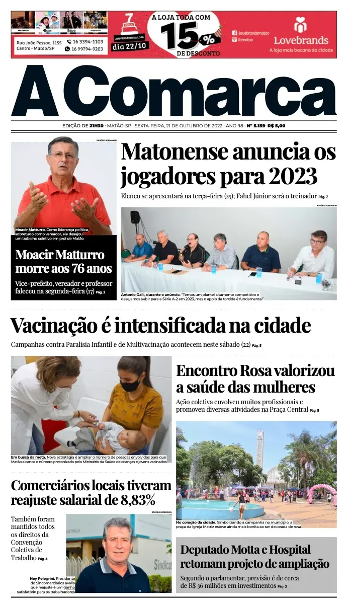 Primeira página da edição 5159 de A Comarca, 21 de outubro de 2022