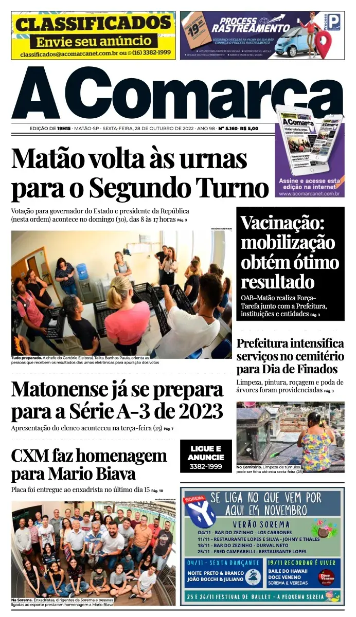 Primeira página da edição 5160 de A Comarca, 28 de outubro de 2022