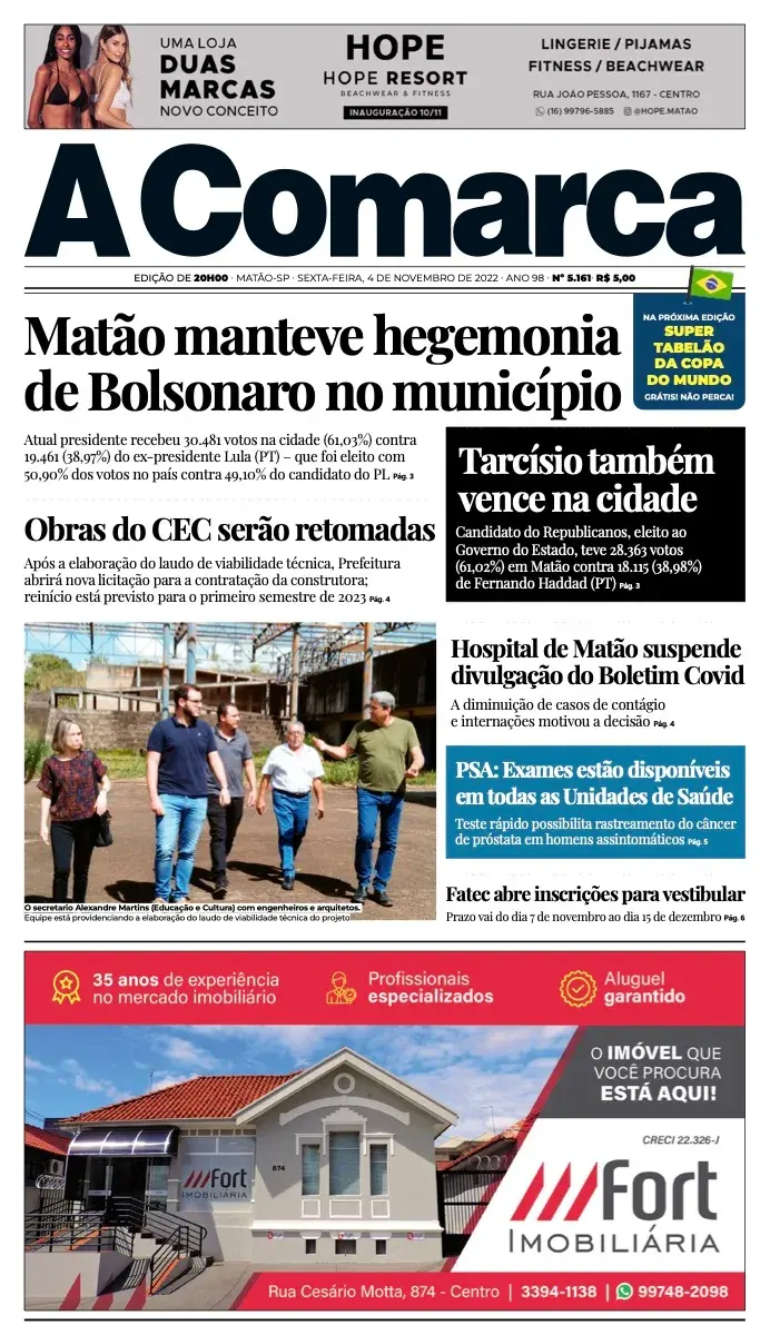 Primeira página da edição 5161 de A Comarca, 4 de novembro de 2022
