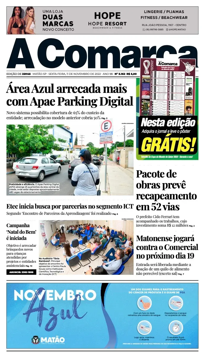 Primeira página da edição 5162 de A Comarca, 11 de novembro de 2022