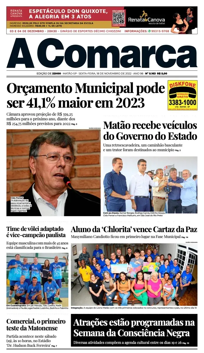 Primeira página da edição 5163 de A Comarca, 18 de novembro de 2022