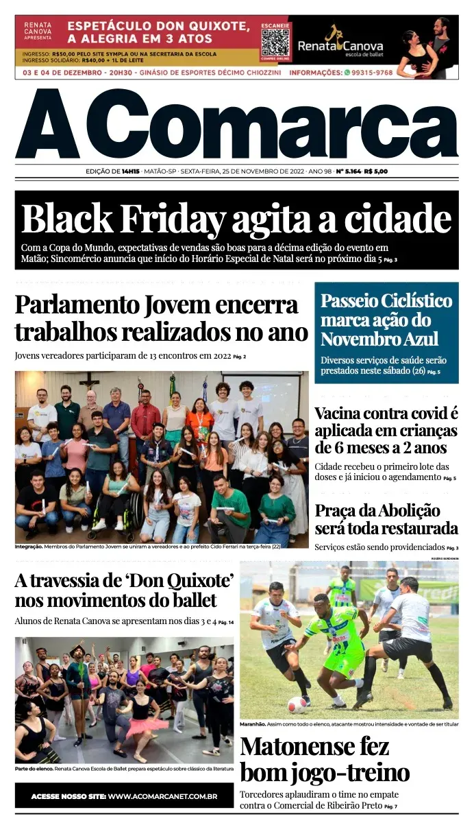 Primeira página da edição 5164 de A Comarca, 25 de novembro de 2022