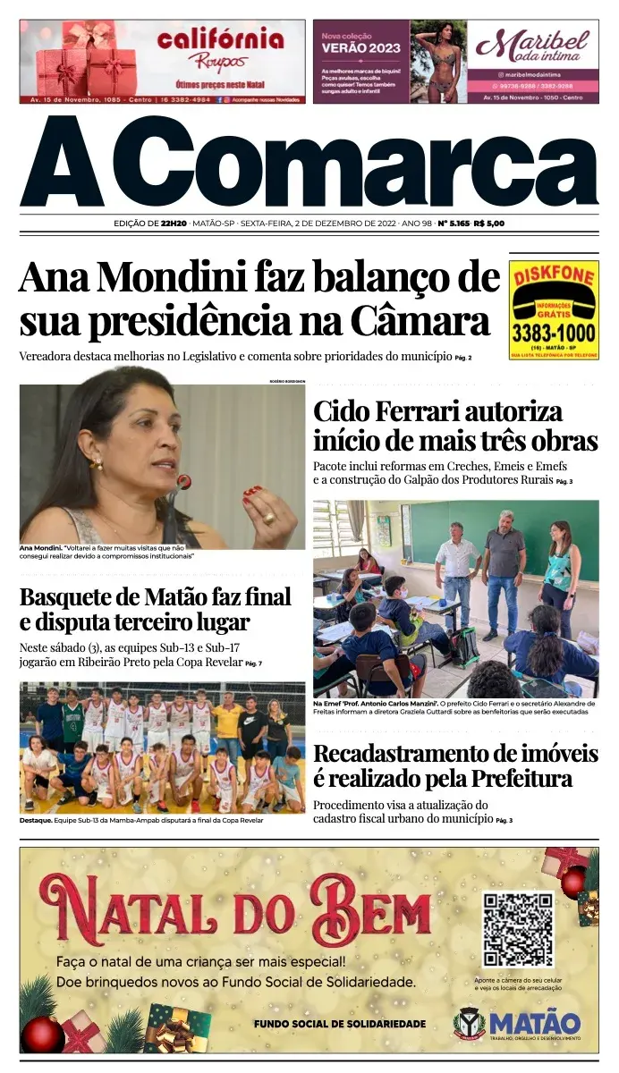 Primeira página da edição 5165 de A Comarca, 2 de dezembro de 2022