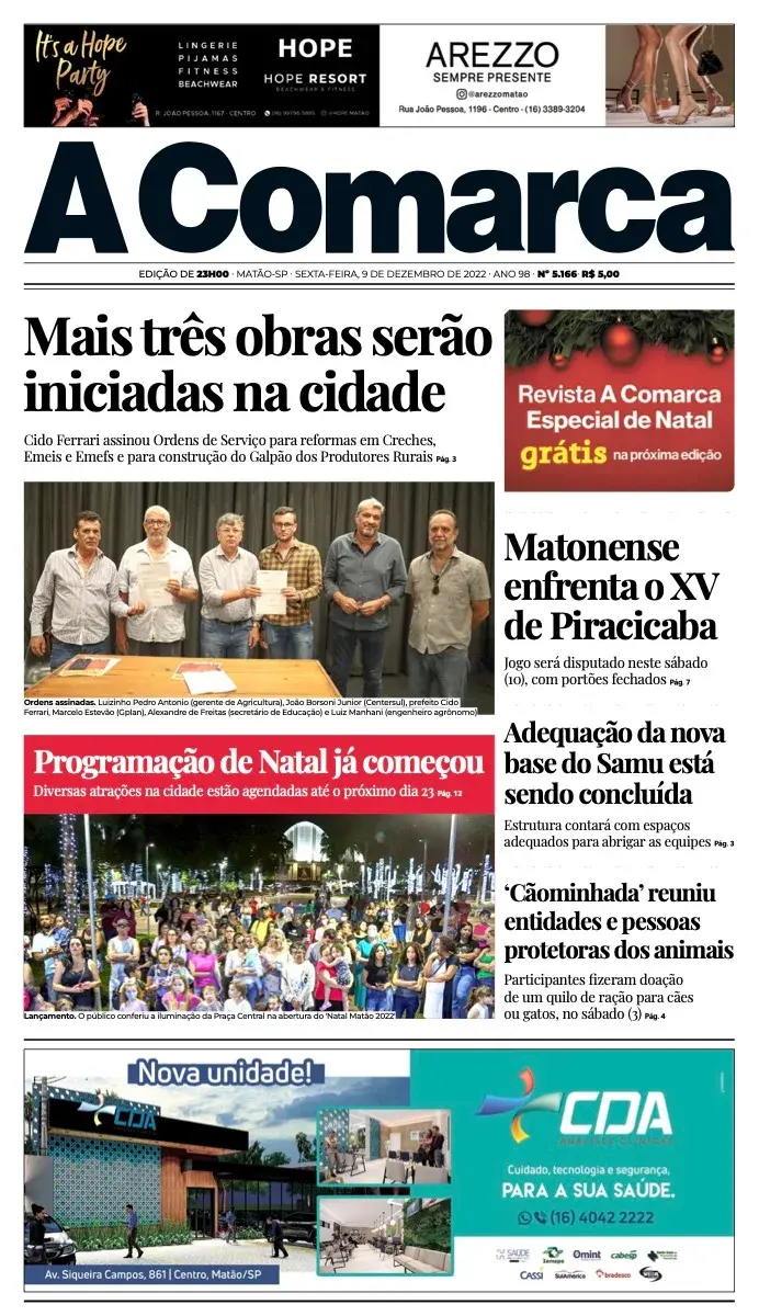 Primeira página da edição 5166 de A Comarca, 9 de dezembro de 2022