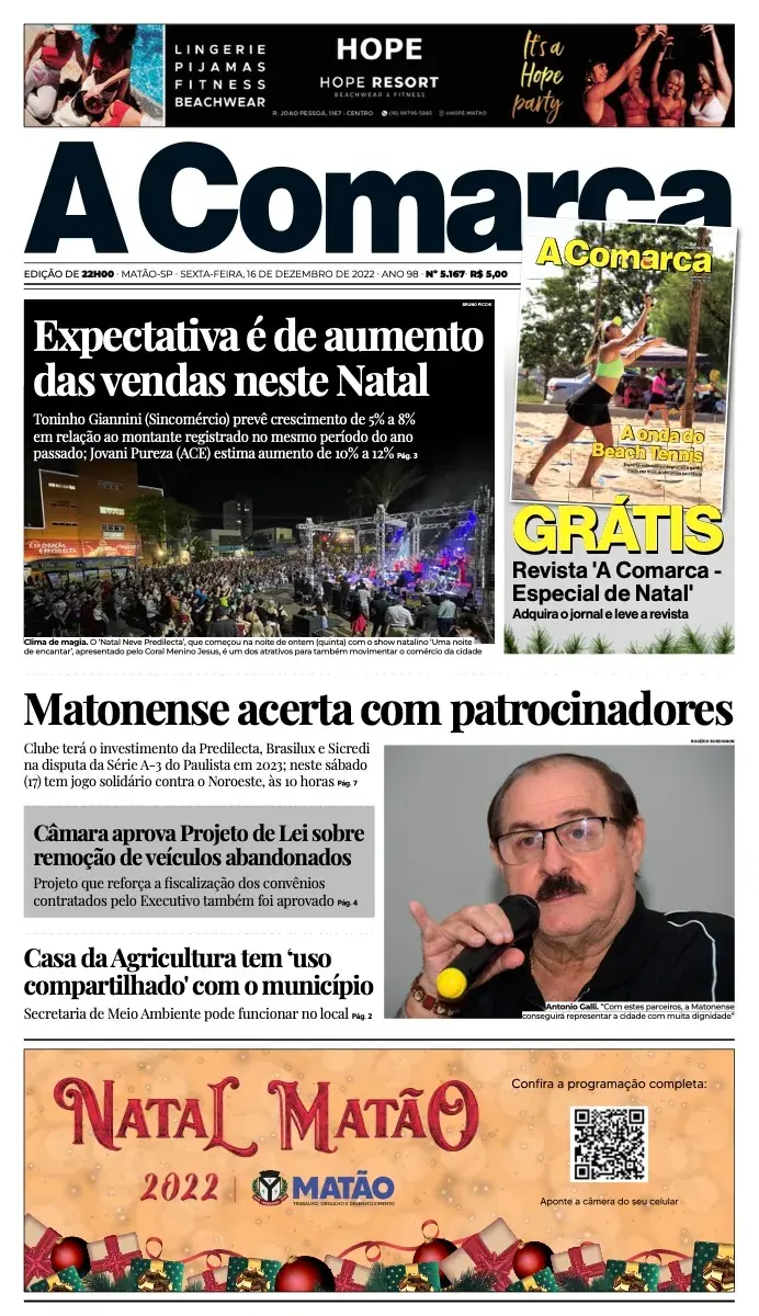 Primeira página da edição 5167 de A Comarca, 16 de dezembro de 2022