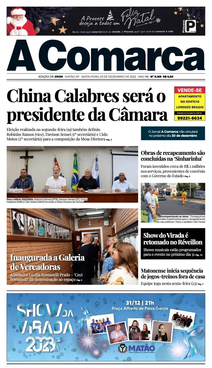 Primeira página da edição 5168 de A Comarca, 23 de dezembro de 2022