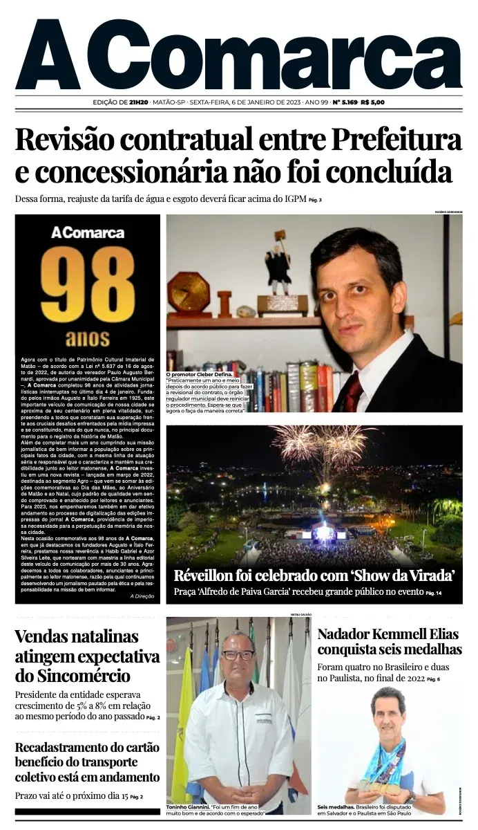 Primeira página da edição 5169 de A Comarca, 6 de janeiro de 2023