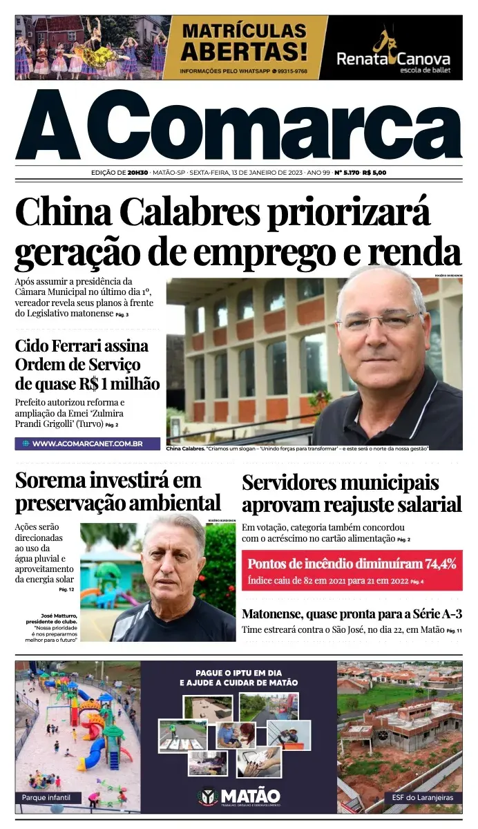 Primeira página da edição 5170 de A Comarca, 13 de janeiro de 2023